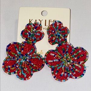 Kay Lee Multicolor Beaded Flower Earrings NWT